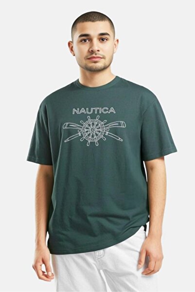 Nautica تي شيرت رجالي مطرز بشعار بأكمام قصيرة ورقبة دائرية، أخضر