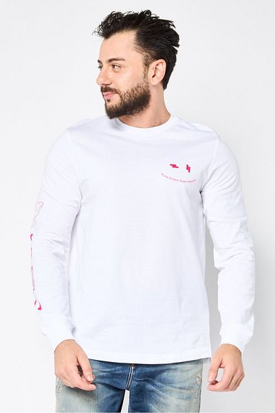 Diesel Men Crew Neck Long Sleeve Graphic Print T-Shirt, White