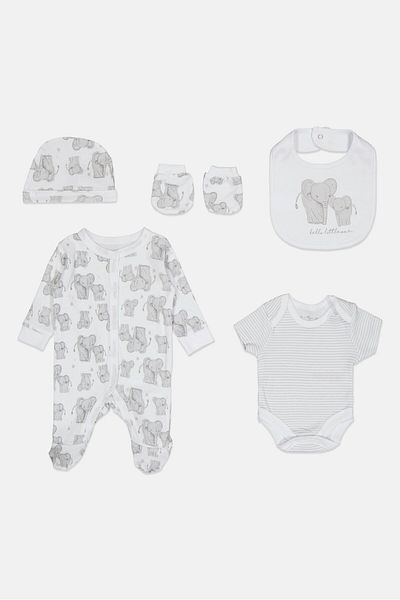 Rock A Bye Baby Boutique Toddlers Boy 5 Pcs Bodysuit, Bib, Beanie, Gloves and Coverall Set, White