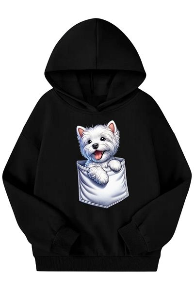 Sweetline Hanorac unisex negru pentru copii cu glugă – țesătură groasă cu imprimeu câine de buzunar