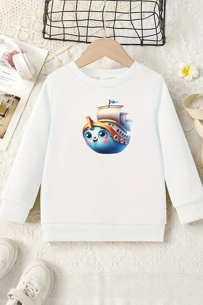 Sweetline Hanorac alb unisex pentru copii cu gâtul turnat – țesătură groasă cu imprimeu navă
