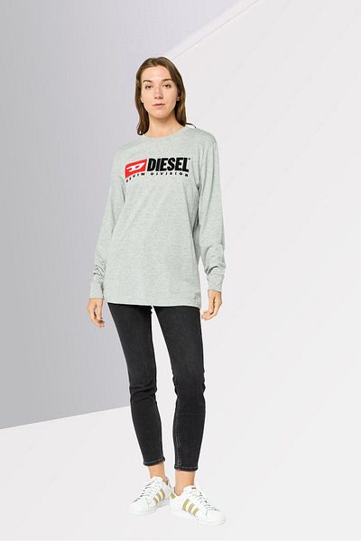 Diesel Women Crew Neck Long Sleeve Embroidered Logo T-Shirt, Grey