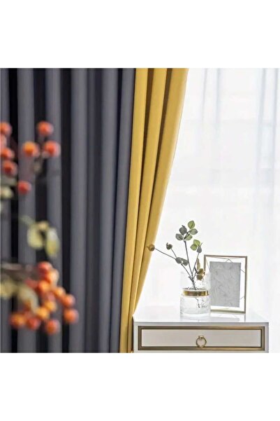 Decor Fashion Home Set of 2 curtains Velvet 02 gray + Velvet 224 mustard yellow, with rings, width 2 m, height 2.50 m