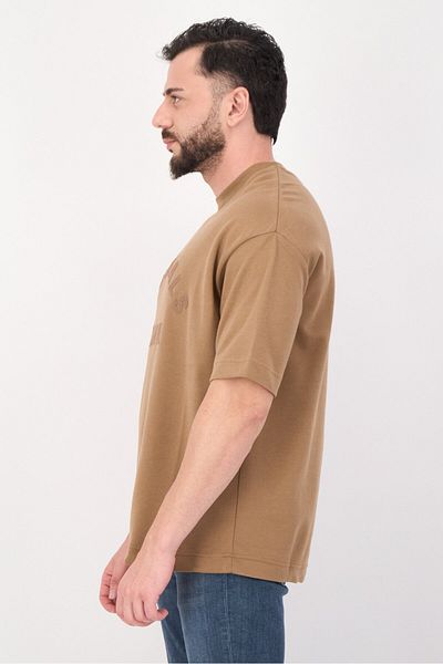 BLANK ESSENTIALS Men Crew Neck Short Sleeves Embroidered Logo T-Shirt, Tan