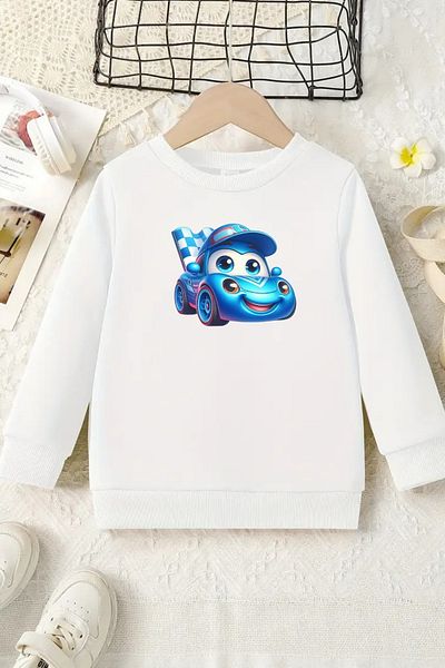 Sweetline Hanorac alb unisex pentru copii cu gâtul rotund – țesătură groasă imprimată cu mașini de curse