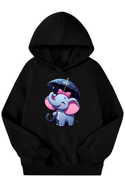 VBSVİBES Unisex Black Children's Hooded Sweatshirt – Elephant Printed, Thick Fabric with Hood