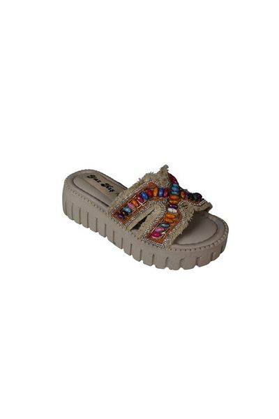Yaz Kış Ayakkabı Yazkiş Women's Black Skin Tasseled Colorful Beaded 5cm Comfortable Sole Slippers