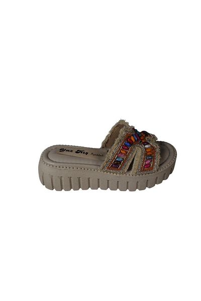 Yaz Kış Ayakkabı Yazkiş Women's Black Skin Tasseled Colorful Beaded 5cm Comfortable Sole Slippers