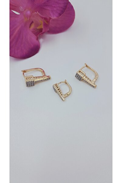 Zarafet Takı Gold Zircon Detail Square and Triangle Appearance Multiple Glory...
