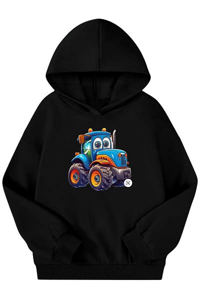 Sweetline Hanorac unisex negru pentru copii cu glugă – țesătură groasă cu imprimeu Traktor și șapcă