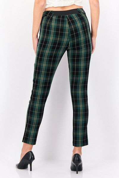 Cortefiel Women Regular Fit Plaid Straight Leg Pants, Black