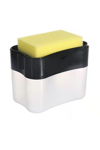 Dali Dozator de detergent lichid pentru vase 2 în 1 cu suport pentru burete, 10x10,5x14cm, 380ml, negru-transparent