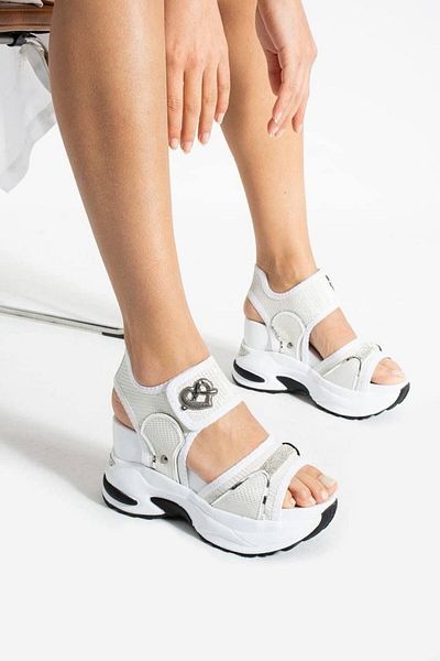 NUA Pearlshine White Stone Velcro 10 cm High Heel Summer Sandals