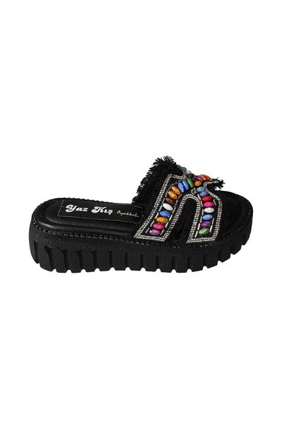 Yaz Kış Ayakkabı Yazkiş Women's Black Skin Tasseled Colorful Beaded 5cm Comfortable Sole Slippers