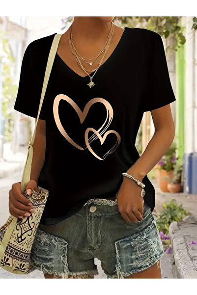 FUFLUNS Double Heart Turtles Printed Women's Oversize V-Neck T-Shirt