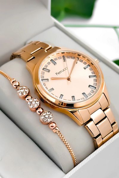Ferrucci Steel Cord & Case Women Wrist Watch, Stone Detail Dial Rose Sdfer181
