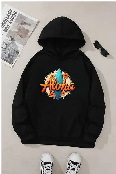 Sweetline Hanorac negru unisex cu glugă – țesătură groasă cu imprimeu Aloha