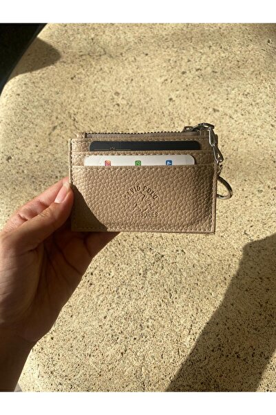 mlio Beige Leather Card Holder Wallet with Keychain Ring and Zipper