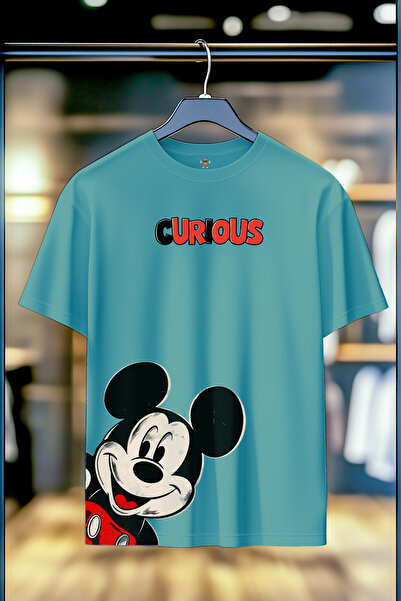 BookOrBook تي شيرت Curious Mickey للجنسين ذو خيوط مزدوجة ومريح ومصنوع من القط...
