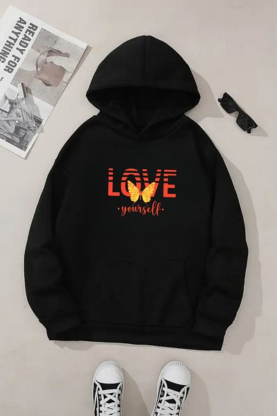 Sweetline Hanorac negru unisex cu glugă – țesătură groasă imprimată Love Yourself