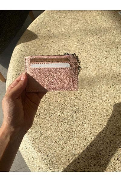 mlio Pink Leather Card Holder Wallet with Keychain Ring and Zipper
