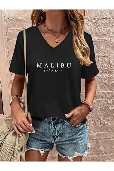 FUFLUNS تي شيرت نسائي كبير الحجم برقبة على شكل حرف V مطبوع من MALIBU