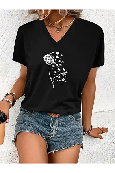 FUFLUNS تي شيرت نسائي كبير الحجم برقبة على شكل حرف V مطبوع عليه JUST BREATHE