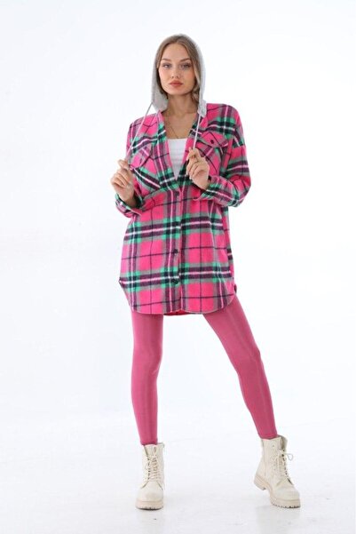 Polologin Butik Fuşya Kareli Kapşonlu Ekoseli Oduncu Gömlek Çeket
