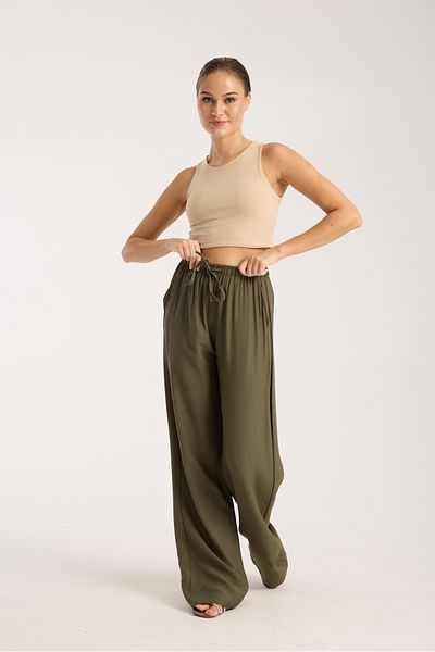 Ahsenbutik Linen Blend Loose Cut Trousers Khaki