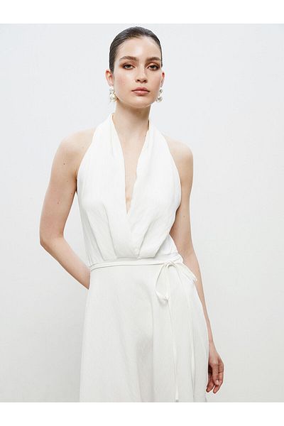 LC Waikiki Halter Neckline Belted Satin Dress