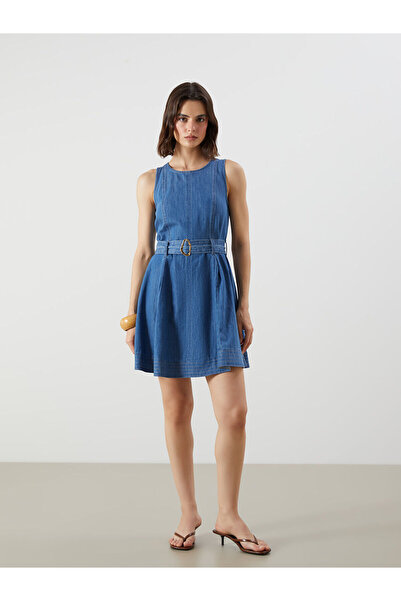 LC Waikiki Rochie mini din denim Indigo cu decolteu tip crewneck și talie mar...