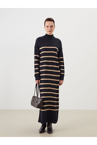 LC Waikiki Stand Collar Striped Knitwear Dress