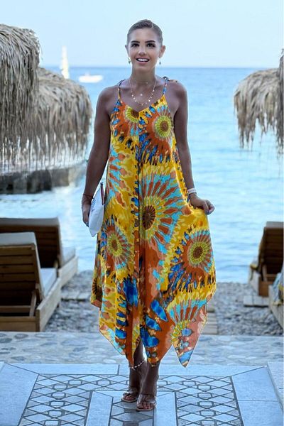 Nevin Kaya Moda Rochie Samos Rochie de vară cu bretele, cu model etnic galben