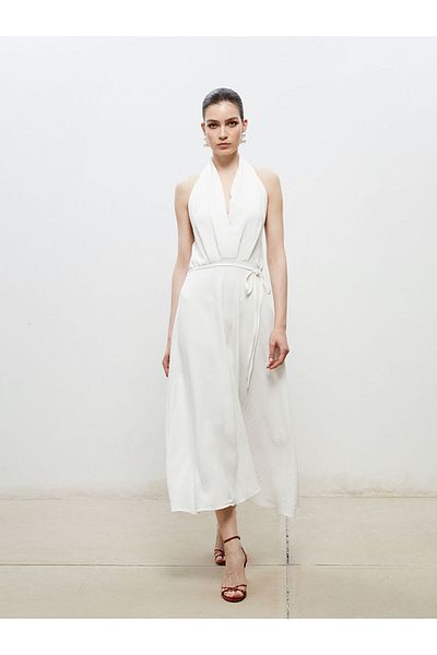 LC Waikiki Halter Neckline Belted Satin Dress