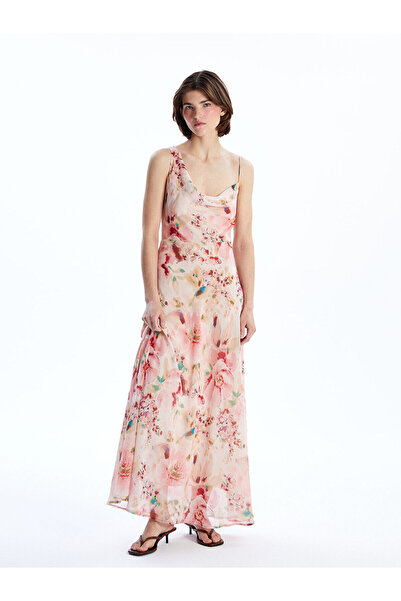 LC Waikiki Pink Drapey Collar Floral Chiffon Strap Dress