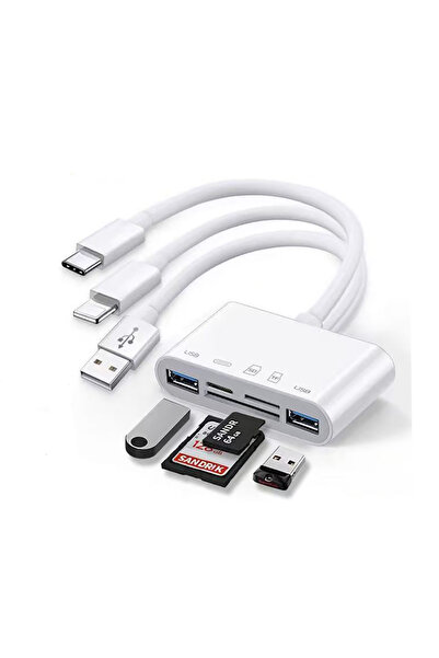 m.tk moveteck 5in1 Usb Type-C & Lightning & Micro & Usb Flash Çıkışlı OTG U SD TF Kart Okuyucu Veri Aktarıcı Hub
