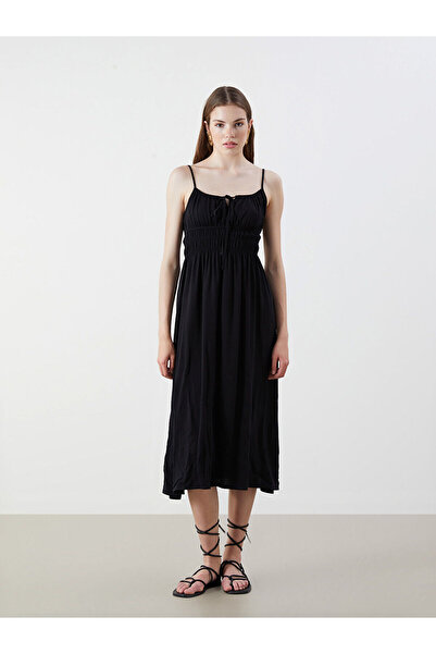 LC Waikiki Черна рокля с връзки на врата и събрана пола