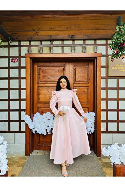 DINA FASHION LARA SATEN KLOŞ UZUN KOLLU NİŞAN ABİYE ELBİSE