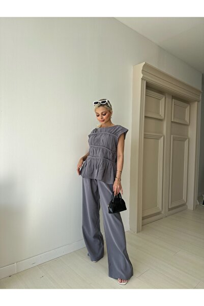 FEHUBLOOM Indigo Ribbed Blouse Pants Set