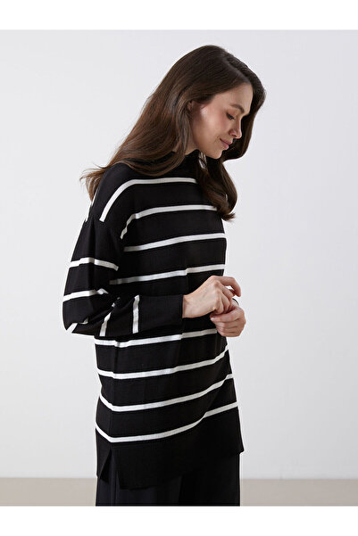 LC Waikiki LCW Modest Siyah Dik Yaka Çizgili Kadın Triko Tunik