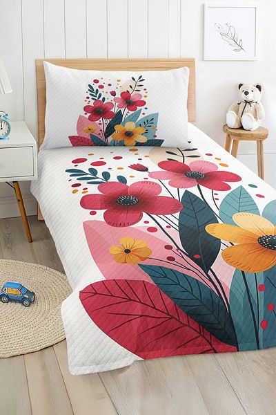 Realhomes Flower Patterned Colorful Children's and Teenager's Room Pique Set Bedspread