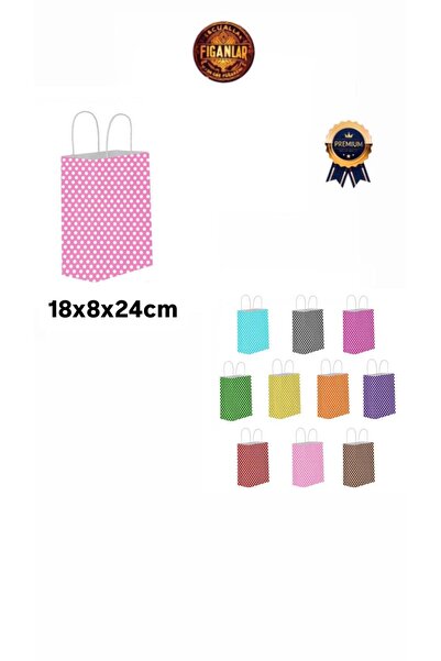 figanlar ambalaj 1.Kalite PEMBE PUANTİYELİ 18X8X24cm Kağıt Çanta/Kağıt Hediye Poşeti 5 Adet