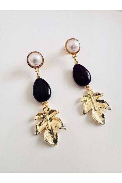 DEVİ fashion Vintage Natural Stone Leaf Earrings 6 cm