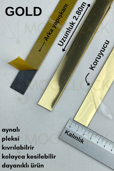 MOOCLOCK Dekoratif Yapışkanlı Aynalı Pleksi (20MM) (GOLD) Şerit Mobilya Dolap...