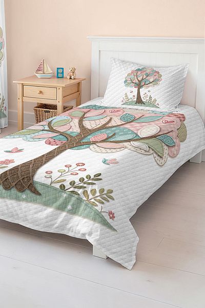 Realhomes Tree and Flower Patterned Pastel Colored Children's and Teenager's Room Pique Set Bedspread