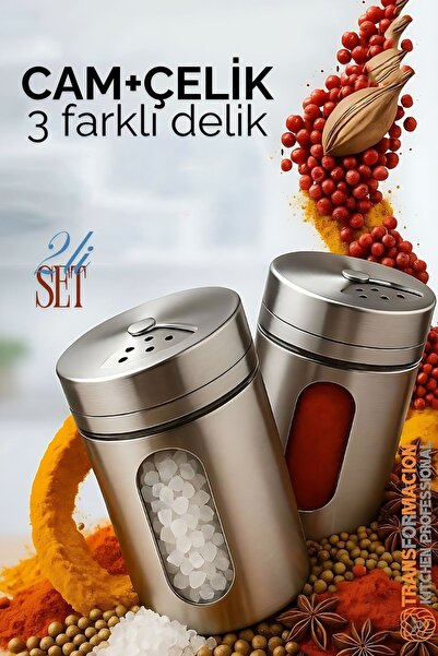 Transformacion Cam+Çelik Tuzluk Biberlik Karabiberlik 3 Farklı Delikli 2 li S...