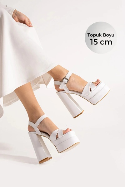 Ymn ayakkabı Kadın White Deri Yüksek Kalın Topuklu Çift Kat Platformlu Bilekt...