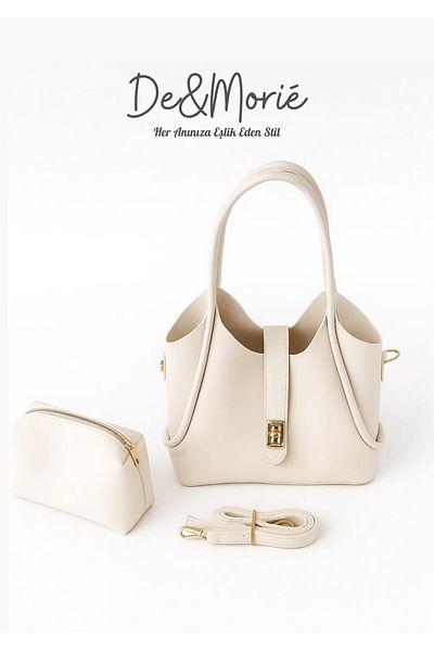 De&Morié Dm2581 Beige Faux Leather Women's Shoulder Bag + Inner Makeup Bag