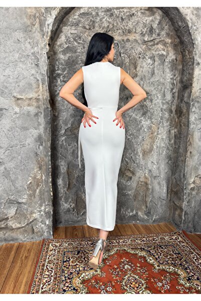 1Moda1Tarz Women's Imported Fabric Stone Embroidered Shawl Detailed Slit Lined Special Design Maxi Dress