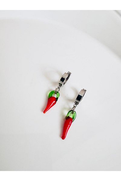 DEVİ fashion Steel Silver Murano Glass Pepper Earrings 3 cm